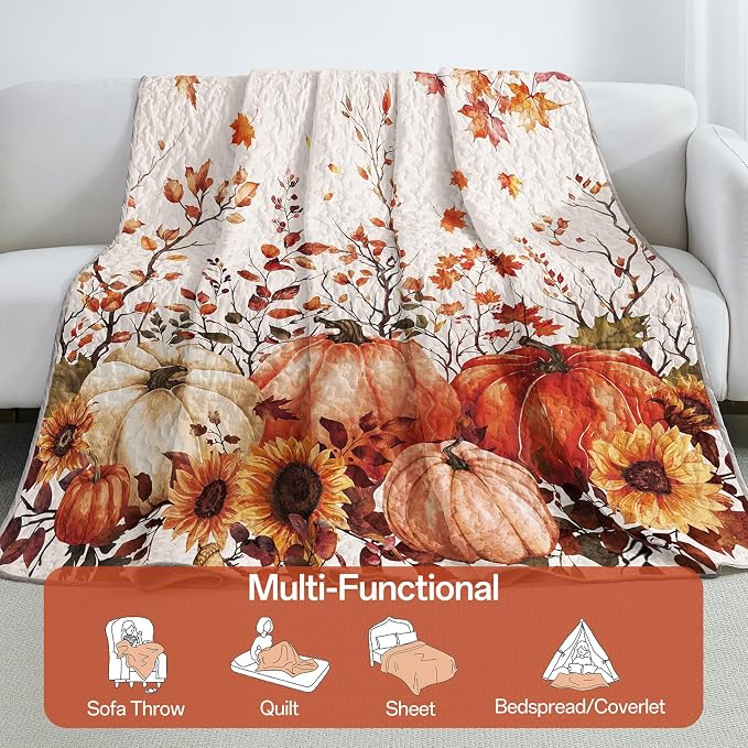 WONGS BEDDING Fall Harvest Pumpkin Quilts Queen Size, Thanksgiving Bedspread | - Image 6