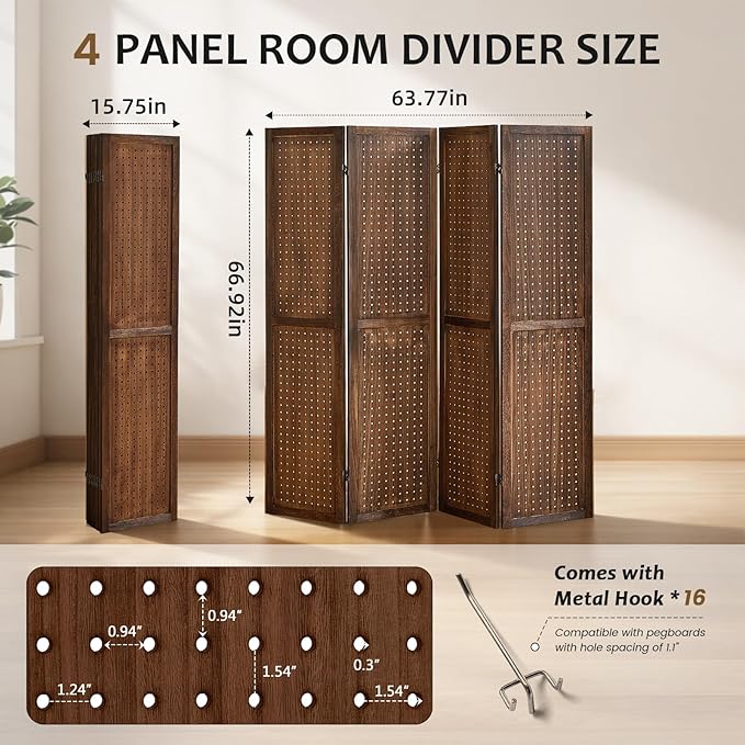 4 Panel Pegboard Room Divider, Folding Privacy Screen, Freestanding Wooden - Image 3