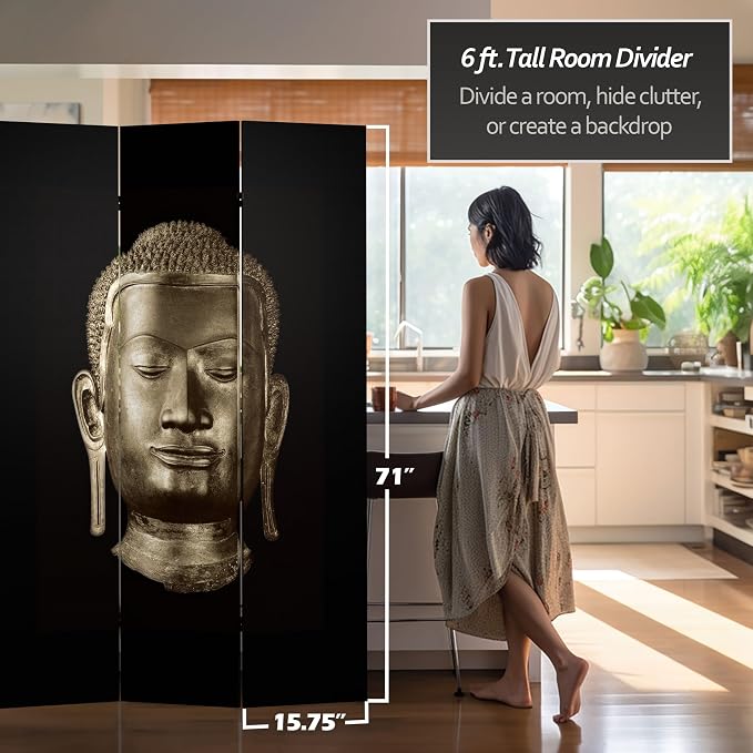 Red Lantern 6 ft. Tall Double Sided Buddha Canvas Room Divider 3 Panel - Image 5