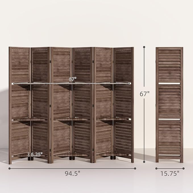 HOMCOM Room Divider 6 Panel 67" Tall Wood Privacy Screen Walnut | 3 Display - Image 7