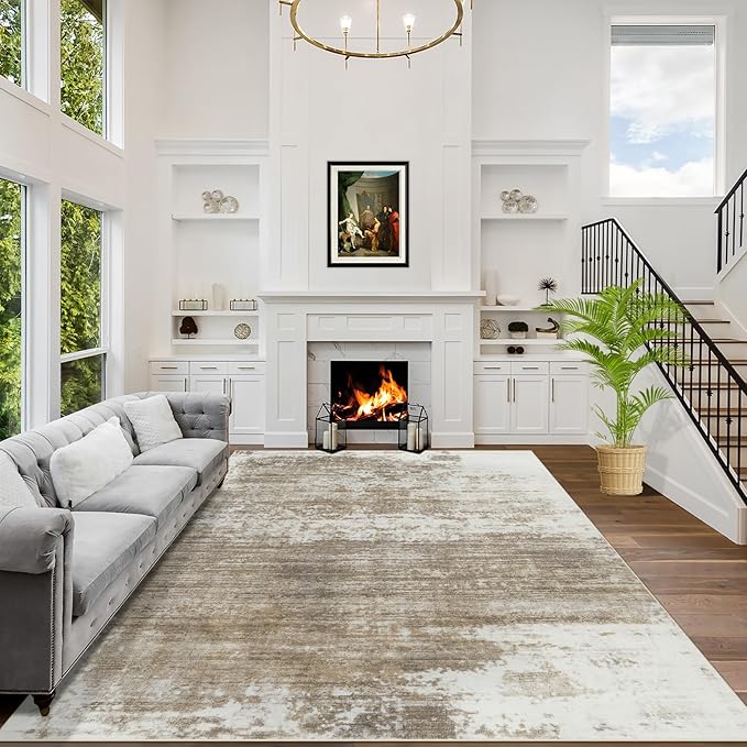 6x9 Area Rugs for Living Room: Washable Abstract Brown White Badroom Carpet | by GENTDRIZZ