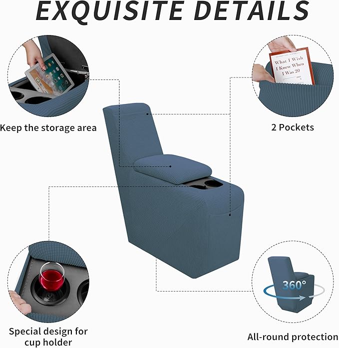 Easy-Going 2-Piece Recliner Console Cover for Reclining Loveseat Covers Stretch Jacquard Middle Console Cover for Recliner Couch and Sofa Bluestone