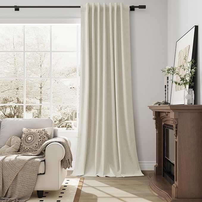 Warm Beige Linen Curtains 100% Blackout Curtains 108 Inches Long 2 Panels Set - Image 4
