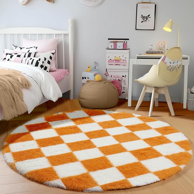 KICMOR Round Rug 4ft Orange and Cream White Circle Area Rug, Fluffy Soft Fuzzy - Image 3