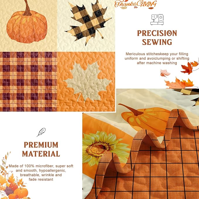 Fall Patchwork Quilt Set Queen Size 3 Piece Thanksgiving Bedding Set Orange | - Image 5