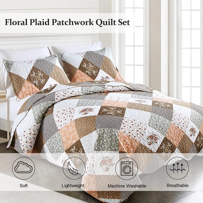 Dinjoy Floral Plaid Patchwork Quilt Set California King Size, Reversible Brown - Image 2