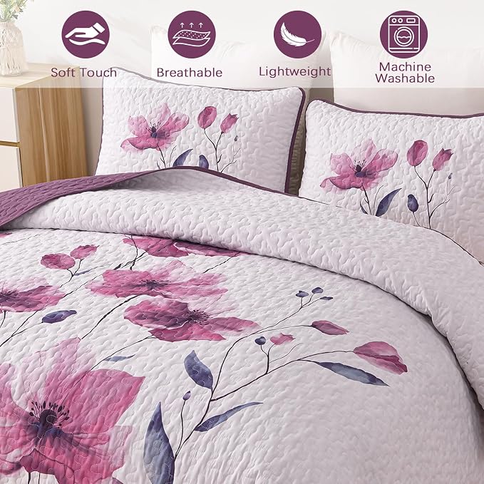 Mybedsoul Floral Quilt Set King Size, 3 Pieces Rose Pink Bedspread Coverlet Set - Image 4