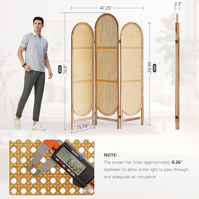 3 Panel Rattan Room Divider, Arched Room Divider Screen, Natural | Room Divider - Image 6