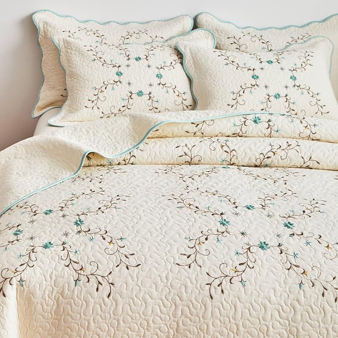 ROOMLIFE Quilt Set King Size 3D Floral Embroidery Pattern 3-Piece Cotton | - Image 2