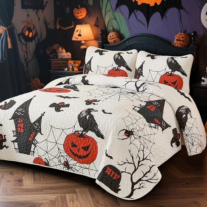WONGS BEDDING Queen Halloween Quilt Set, Breathable, 3-Piece 96"x90", Bold - Image 2