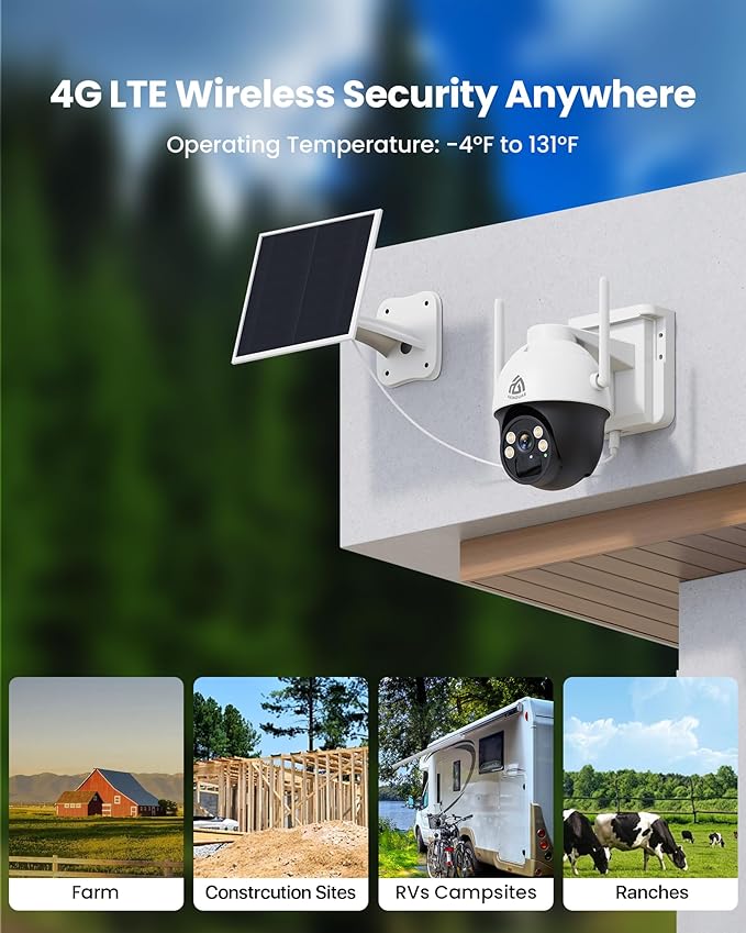 AKINGUAR No WiFi Security Camera with 4G LTE SIM Card, Wireless Outdoor Cellular Security Camera, 2K Color Night Vision, Solar Powered, 360° Live View, PIR Motion Sensor, Pecfect for Farm & RV