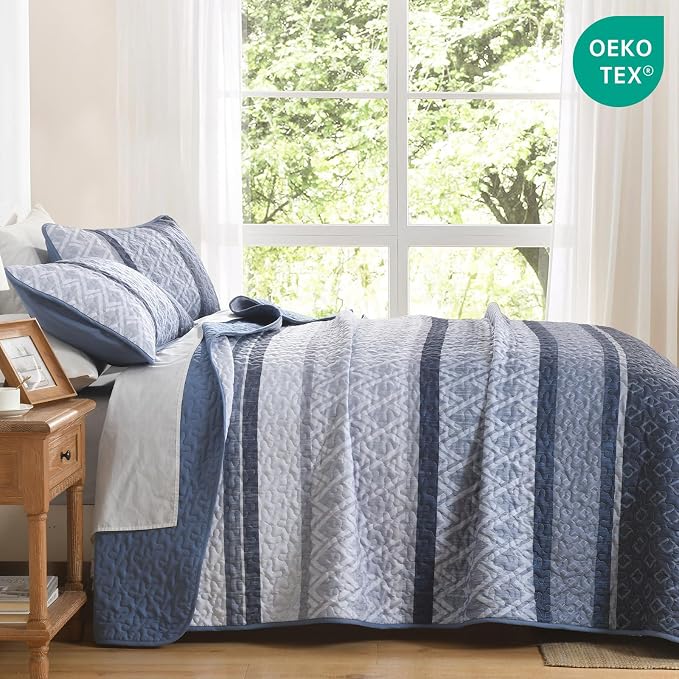 Dinjoy Boho Queen Quilt Set, Striped Bedspread Queen Size, Mineral Blue | 3 - Image 3