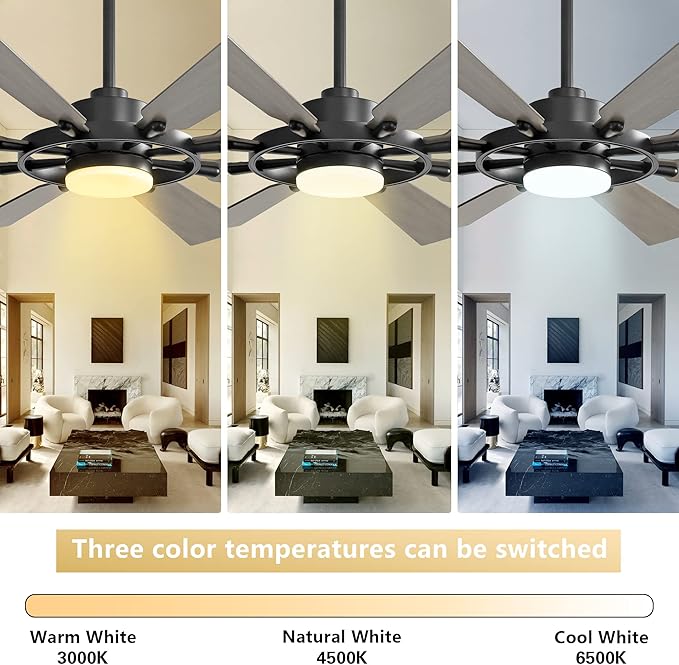 ELEHINSER 60 Inch Ceiling Fan with Lights and Remote Control, 8 Plywood Blades, 6-Speed Noiseless Reversible DC Motor, 3CCT, Windmill Ceiling fan for Kitchen Bedroom Living Room, Black and Grey