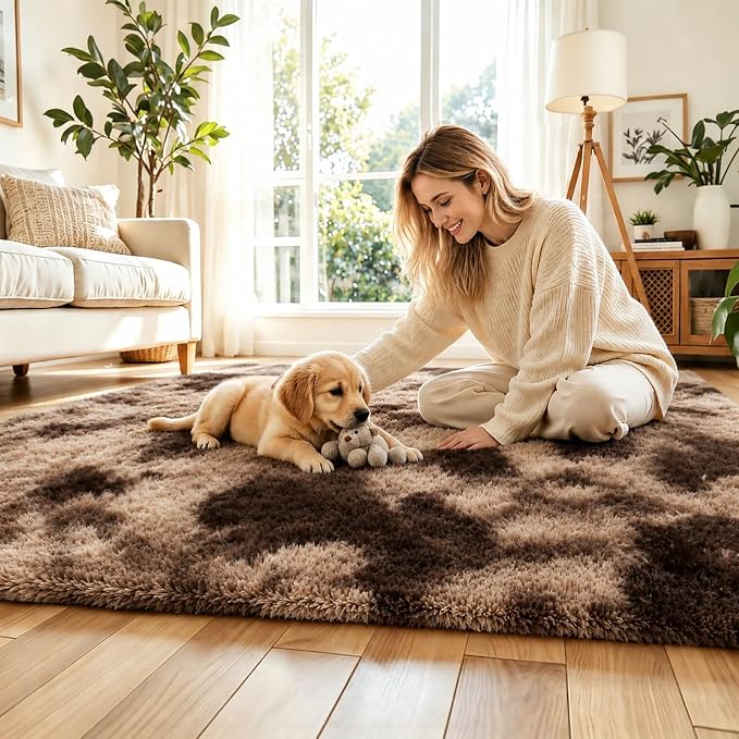 4x6 Area Rugs for Bedroom, Dark Coffee Tie-Dyed Fluffy Shag Bedside Rugs | - Image 2