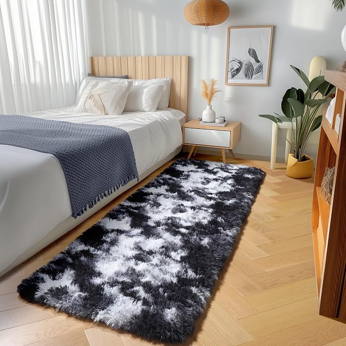 Runner Rugs for Bedroom Living Room, Fluffy Black and White 2x6 Bedside Hallway - Image 4