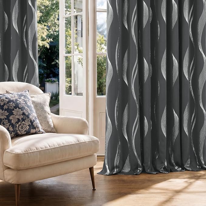 Deconovo Silver Foil Wave Pattern Total Blackout Curtain Panels, Living Room - Image 2
