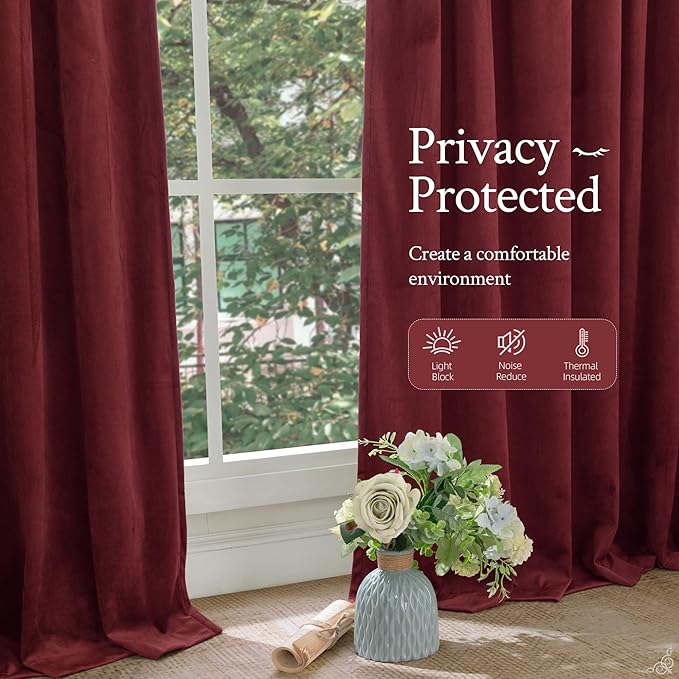 LAMIT Burgundy Red Velvet Curtains 72 Inch for Living Room, Vintage Thermal Insulated Panels Christmas Decor Room Darkening Back Tab and Rod Pocket Drapes for Bedroom/Theater, 2 Panels, 52 x 72 Inch
