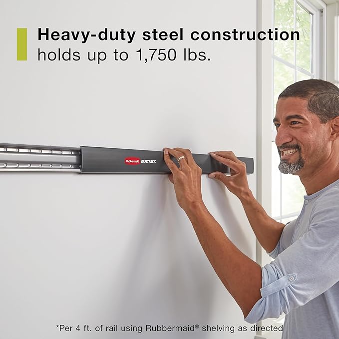 Rubbermaid Garage FastTrack 8-Piece Small Kit Black/Grey All-in-One Rail & Hook Wall Hanging Kit Wall Mounted Storage Solution for Home/Garage