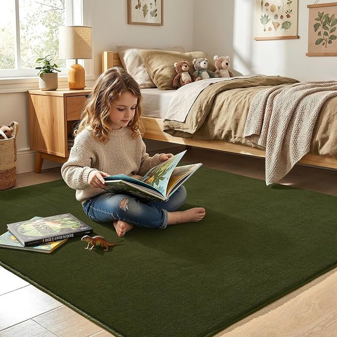 4x4 Square Area Rug for Bedroom Living Room, Olive Green Fluffy Rug | Thickened - Image 4