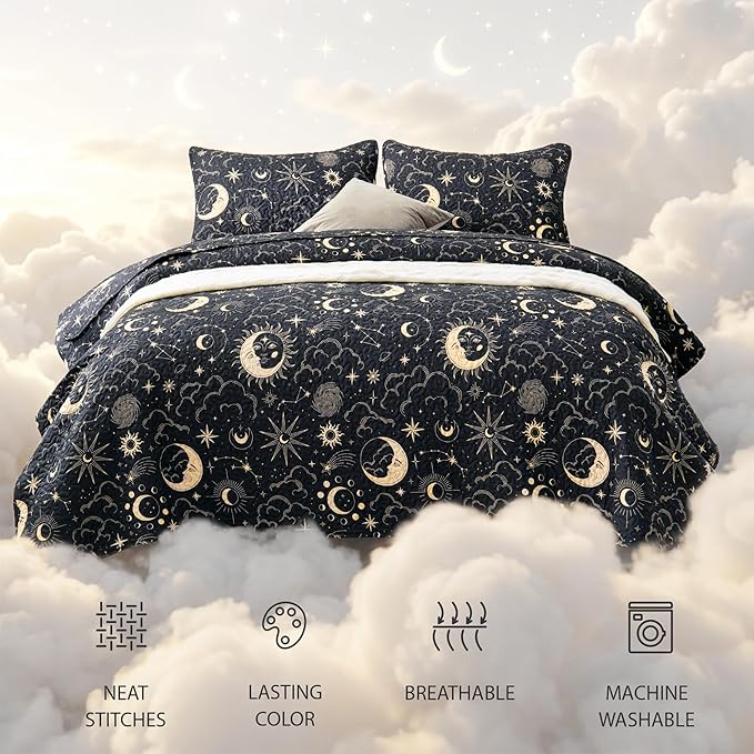 EXQ Home Quilt Set King Size Black Print Black Sun Starry Pattern | Soft - Image 3
