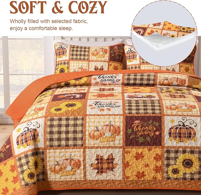 Anibedding 3Pieces Fall Patchwork Quilts Queen Size, Pumpkin Maple Leaves - Image 3