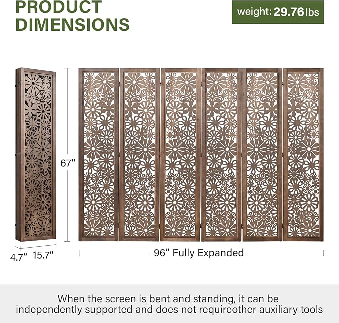 Folding Wood Room Divider Panel, 5.6 FT Tall Daisy-Carved Privacy Screen - Image 4