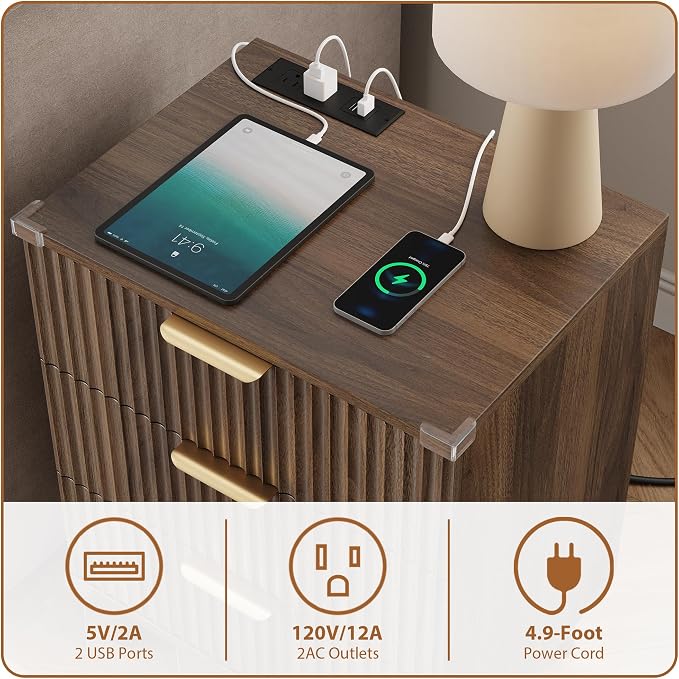 Wood Bedside Table w/Charging Station, 3 Drawers Fluted Dresser | Walnut - Image 4