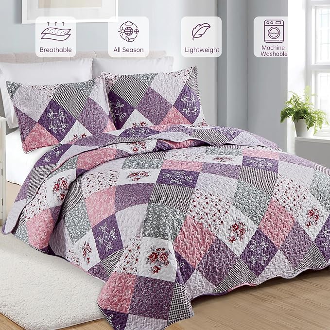 Dinjoy Boho Quilt Set Queen Size, Patchwork Floral Bedspreads, Reversible - Image 2
