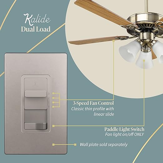 TOPGREENER Kalide Light Switch and 3-Speed Ceiling Fan Control Combo, in Wall Light and Fan Combination Switch, Single Pole, 2.5A, 720W, Neutral Wire Not Required, TGSFS3-NK, Nickel