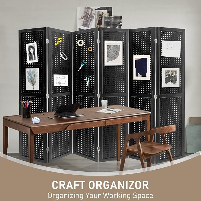6 Panel Pegboard Room Divider | Black Wood Folding Privacy Screen - Image 8