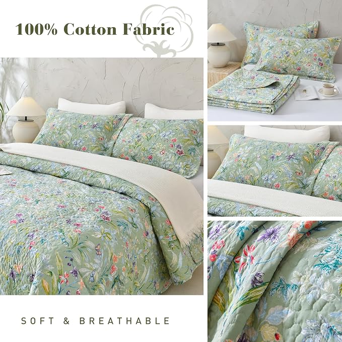 QSH 100% Cotton Quilt Oversized King Set-3Pcs Green Floral Quilt California - Image 6