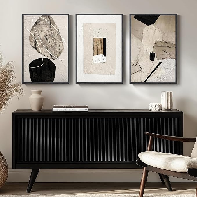 Large Framed Neutral Abstract Wall Art, 3 Piece Modern Canvas Prints Paintings - Image 4