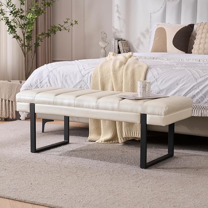 46" Faux Leather Bench for Bedroom End of Bed Window, Upholstered Ottoman by AIITTCC