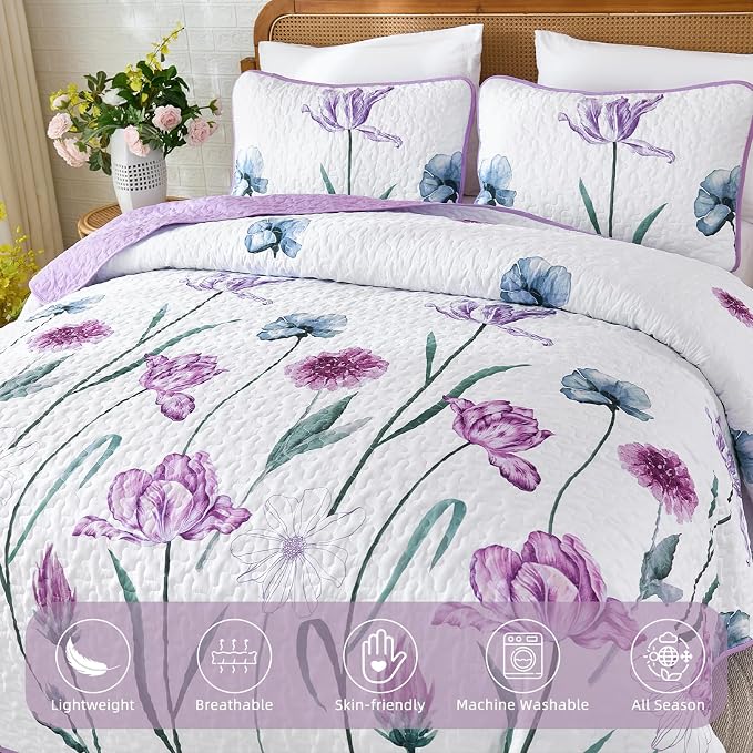 WONGS BEDDING Purple Queen Quilt Set, 3 Pieces Light Purple Floral Bedspread - Image 5