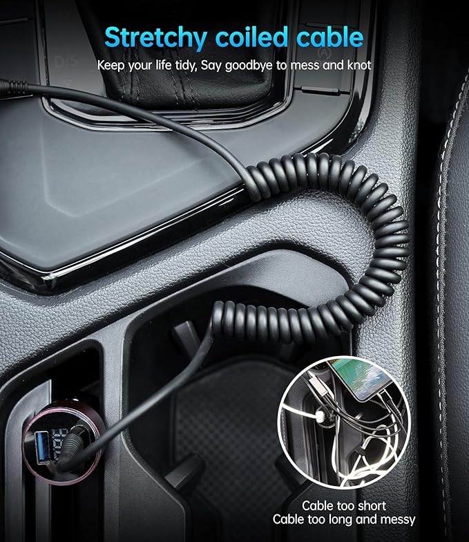 Coiled USB C to C Cable for Car 5FT, USB Type C Charger Cable Short USBC Fast Charging Cable for iPhone 17/16/15/Pro/Plus/Pro Max/Samsung Galaxy S23, Compatible All Type C Devices-Black 2Pack