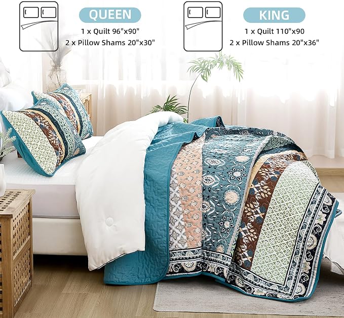 Yiran Blue Boho Quilt Set King Size, Fall Patchwork Bedspreads | Bohemia - Image 5