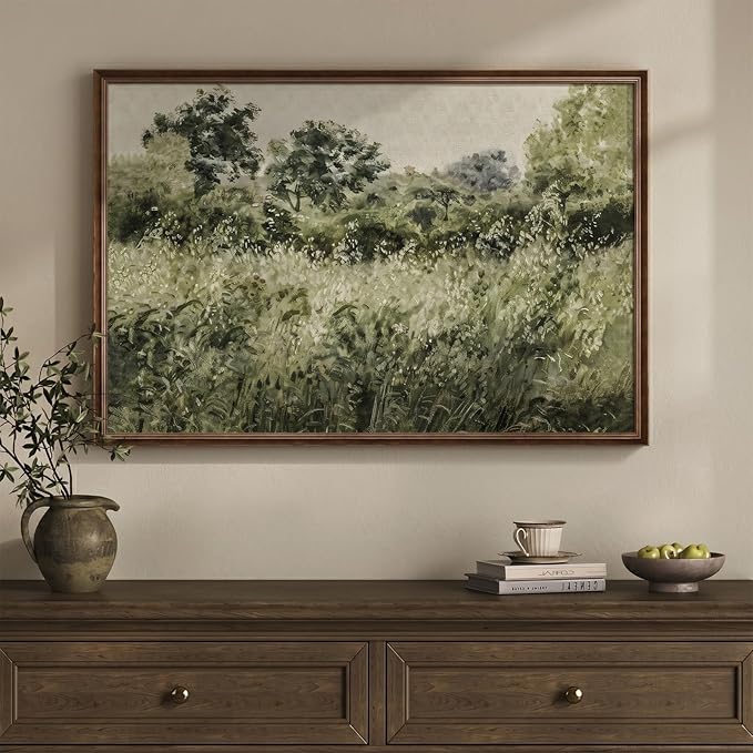 Large Framed Vintage Wall Art, Modern Farmhouse Green Botanical Landscape by Cuspin