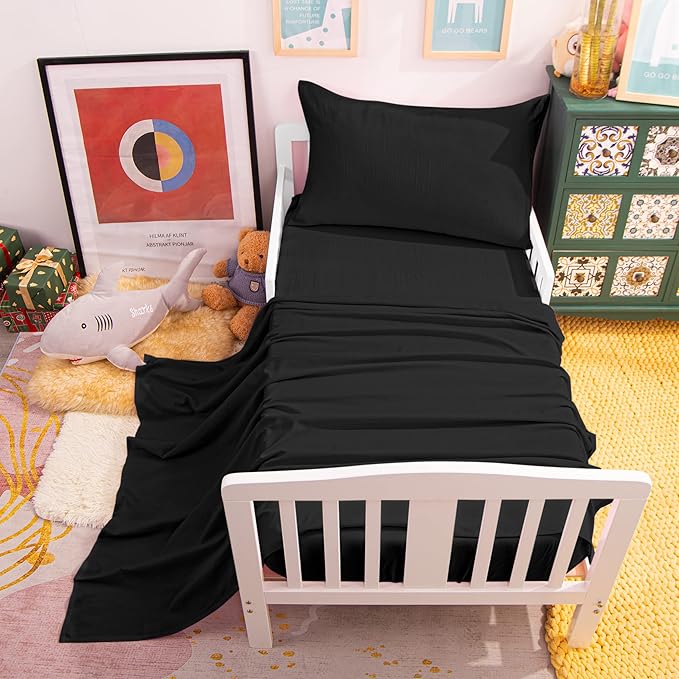 NTBAY Toddler Bedding Set - 4 Piece Soft and Breathable Crib Bedding Set for Boys and Girls, Includes Quilted Comforter, Fitted Sheet, Flat Top Sheet and Envelope Pillowcase, Black