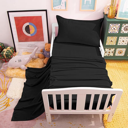 NTBAY Toddler Bedding Set - 4 Piece Soft and Breathable Crib Bedding Set for Boys and Girls, Includes Quilted Comforter, Fitted Sheet, Flat Top Sheet and Envelope Pillowcase, Black