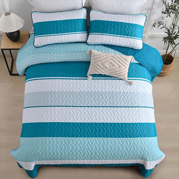 Dinjoy California King Striped Quilt Set, Teal Bedspread Bedding | Soft - Image 3