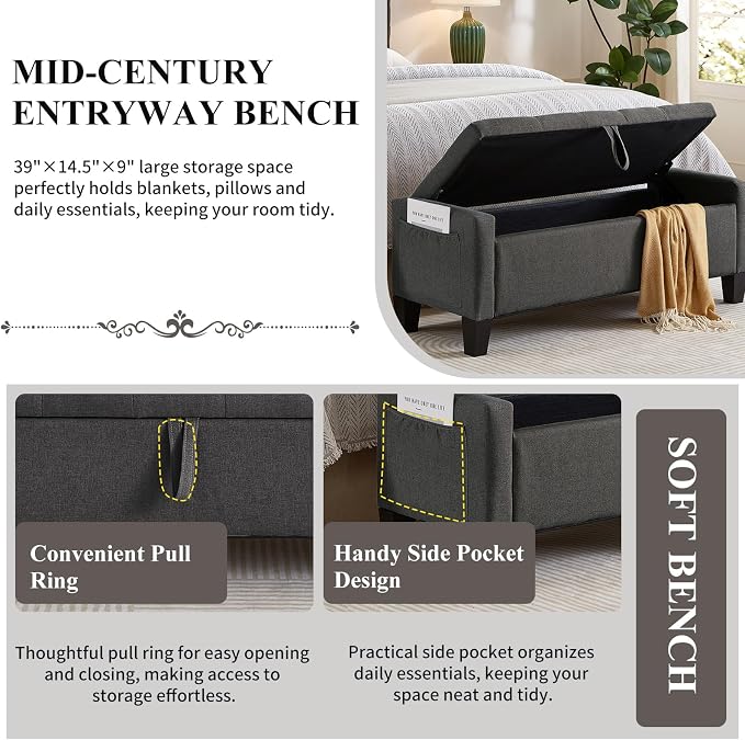 Modern Storage Ottoman Bench, Linen Upholstered End of Bed Bench - Image 5