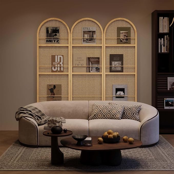 Rattan Room Divider with Built-in Bookshelf | Foldable Privacy Screen & - Image 8