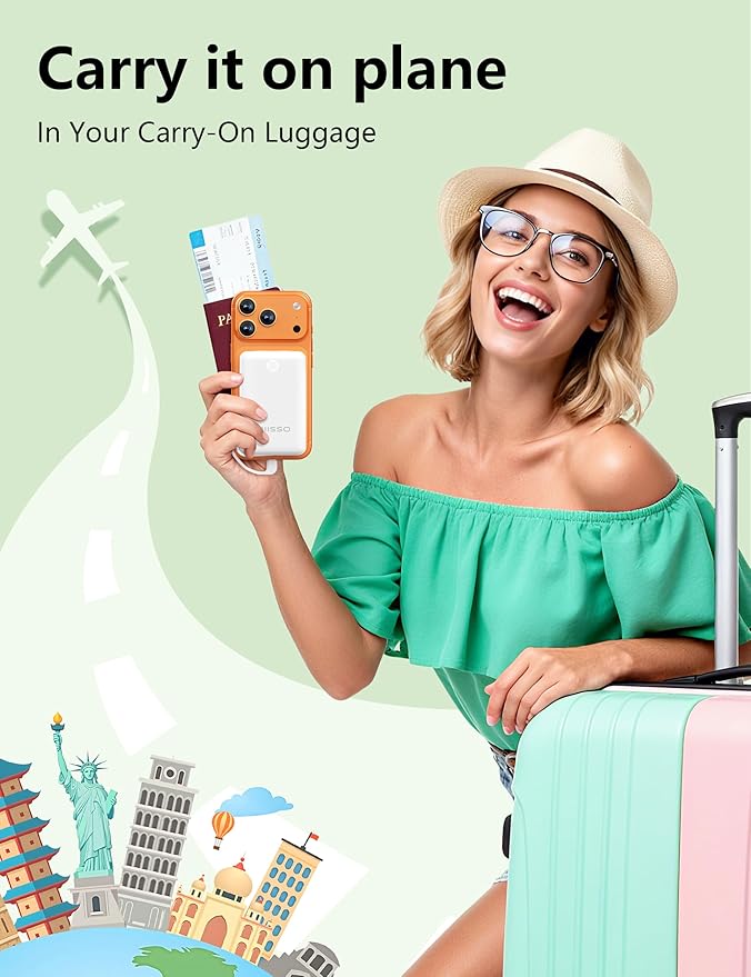 miisso 10000mAh Mini Portable Charger with Built in Cable, Pocket Size Power Bank Travel External Battery Pack for Phone, 3 Output USB Type C Cord Clutch Compatible with iPhone, Samsung, White