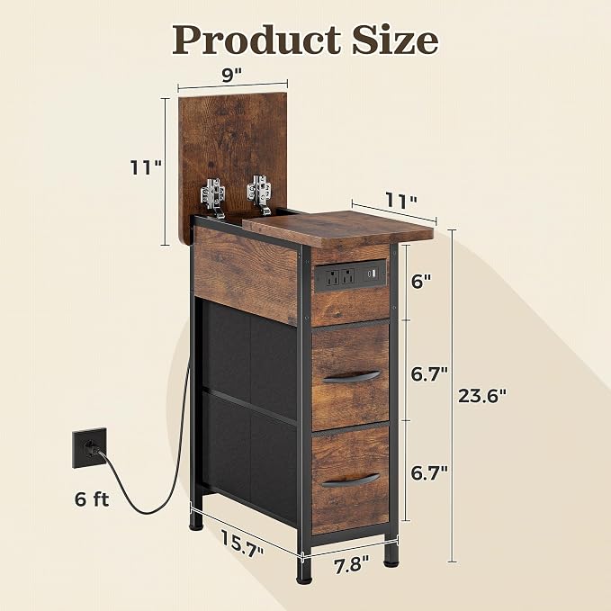 Huuger Narrow End Table with Charging Station, Side Table with 2 Drawers | Slim - Image 3