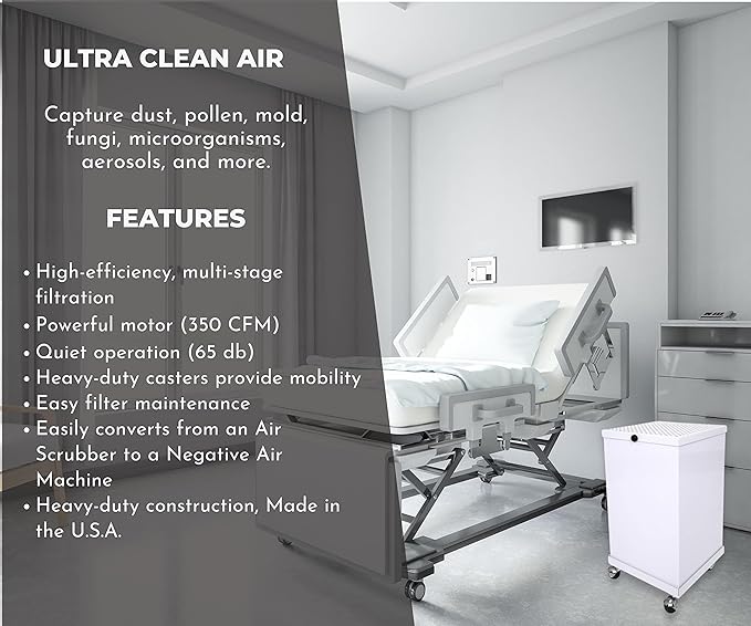 Extract-All Mobile HEPA Air Scrubber and Negative Air Filter Machine, for Industrial Commercial Medical Contamination, Isolation Rooms Usage Heavy Duty Fume Extractor and Source Capture Purifier