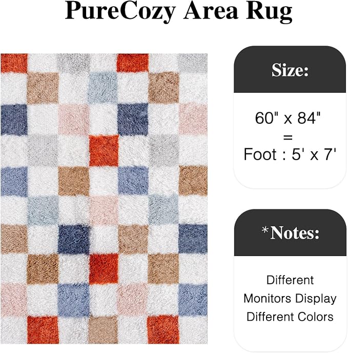 Checkered Area Rug 5x7 for Bedroom Soft Fluffy Shag Carpet | Machine Washable - Image 3