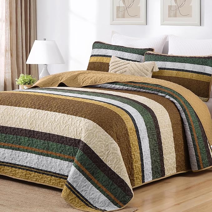 Dobuyly Queen Stripe Quilt Bedding Set, Boho Brown Lightweight Bedspread | by Dobuyly