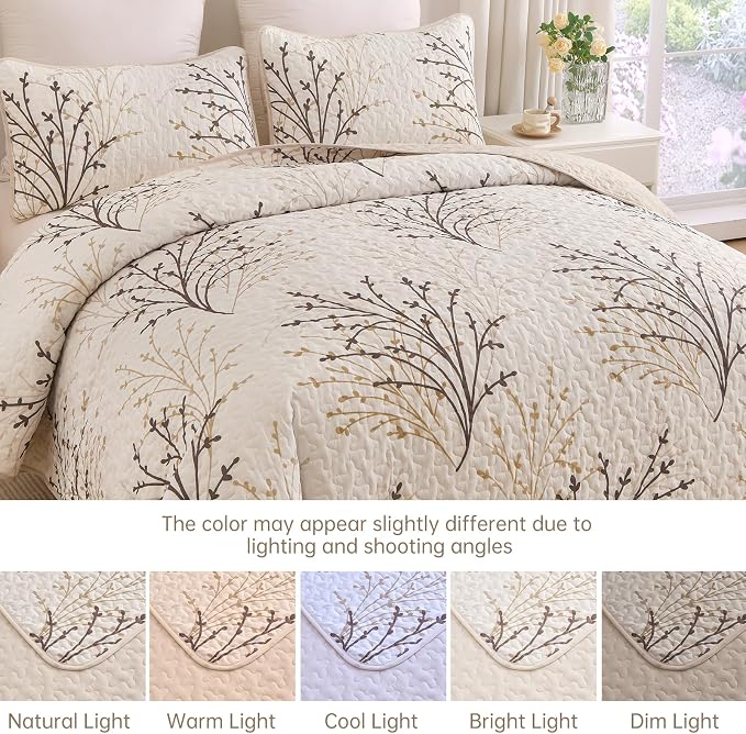 DJY Queen Size Quilt Set Beige Branch Botanical Bedspread Coverlet Set | 3 - Image 7
