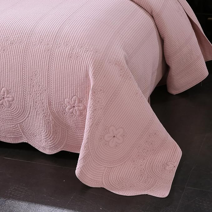 ROOMLIFE Quilt Set Queen Size 3D Floral Embroidery Pattern 3-Piece Cotton - Image 2