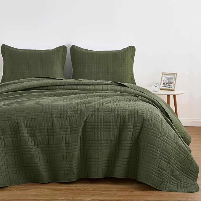 Chezmoi Collection Kingston Queen Size Bedspread Set, 3-Piece Olive Green - Image 2